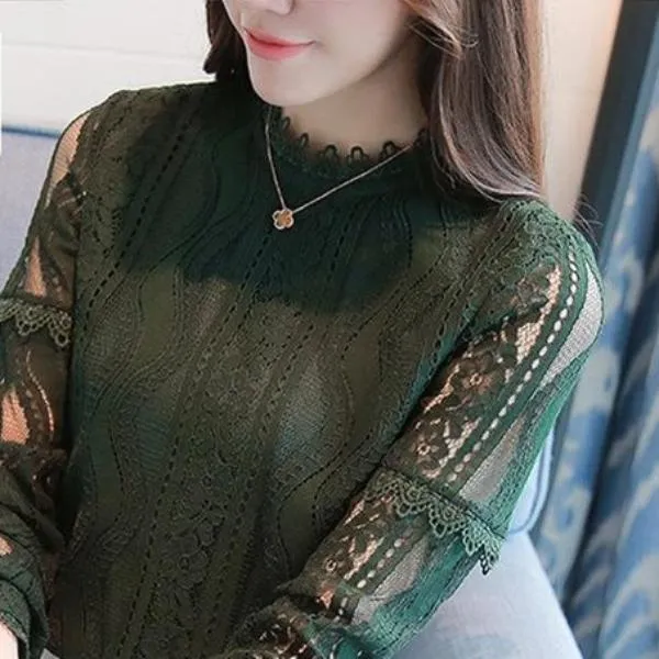 2017 New Arrival Women Tops Fashion Green Lace Blouse Autumn Long Sleeve Plus Size Shirts Hollow Out Renda Blusas Femininas