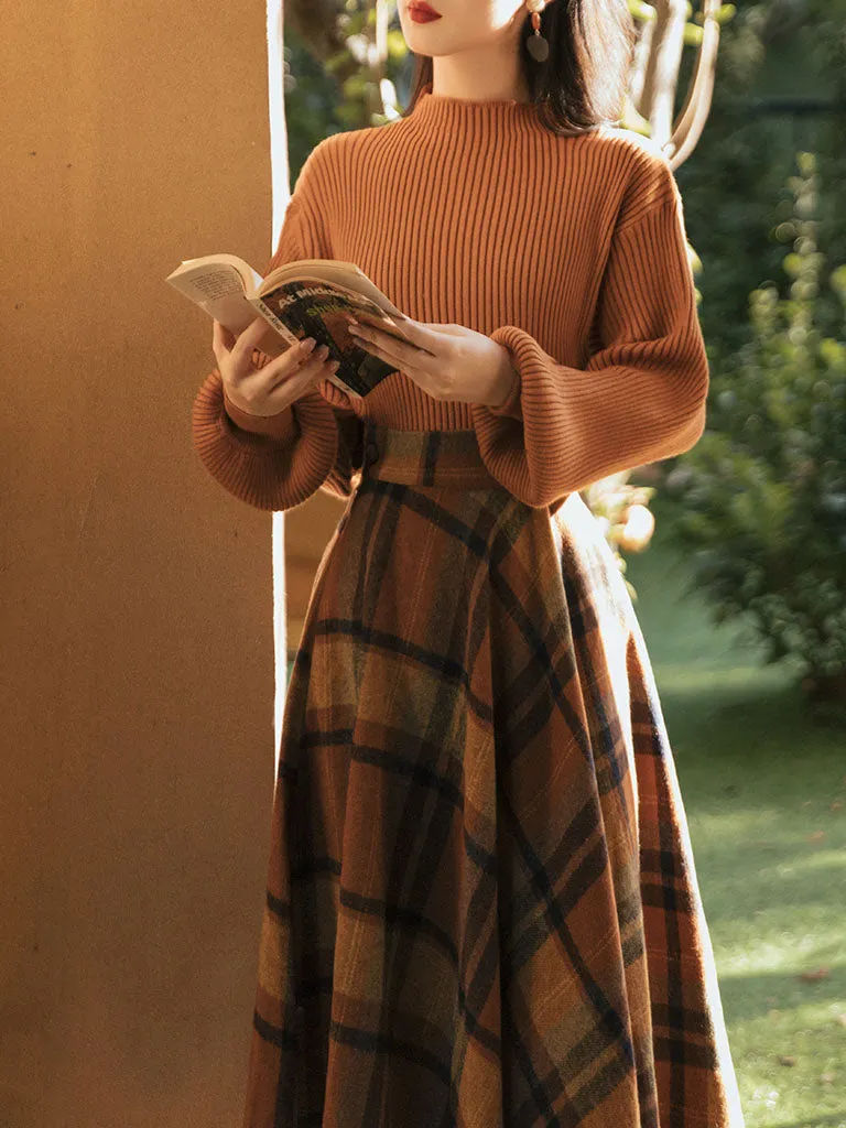 2PS Brown Sweater And Plaid Swing Skirt 1950S Vintage Audrey Hepburn's Style Outfits