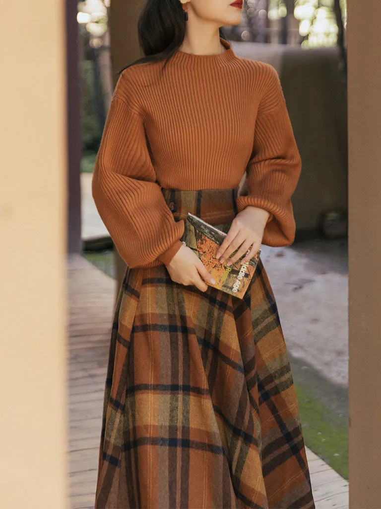 2PS Brown Sweater And Plaid Swing Skirt 1950S Vintage Audrey Hepburn's Style Outfits