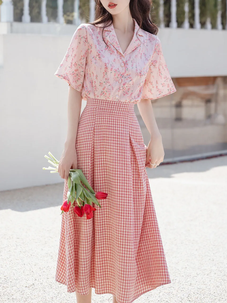 2PS Pink Floral Print Shirt And Plaid Swing Skirt Dress Set