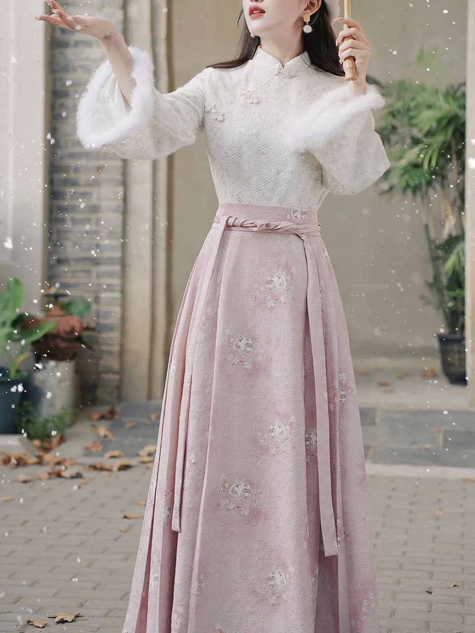 2PS Pink Stand Collar Bell Sleeve Embroidered Top and Horse-face Skirt Vintage Suits