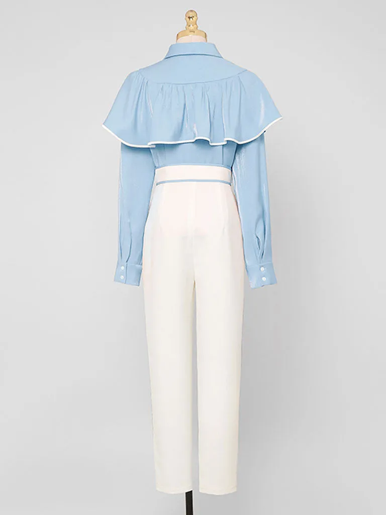 2PS Ruffles Vintage Top And White Pant Set