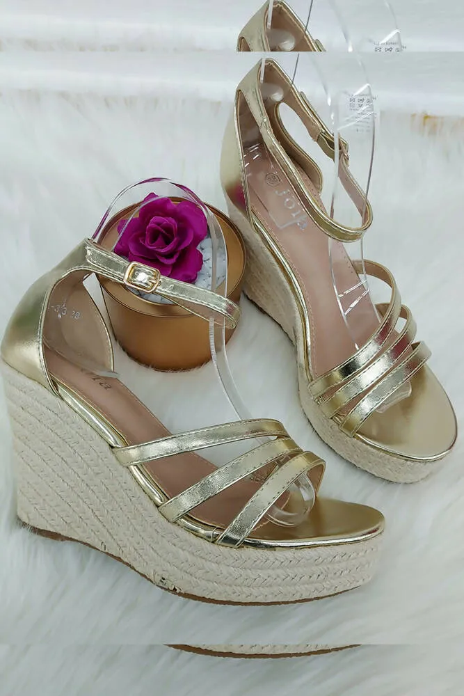 3 Straps Jute High Wedges Sandals