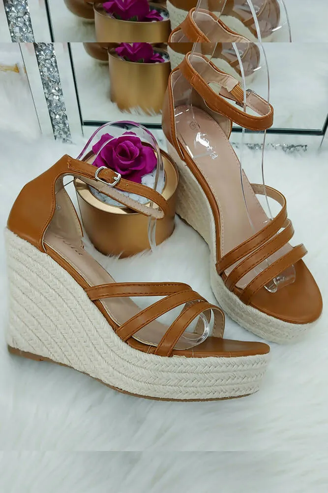 3 Straps Jute High Wedges Sandals