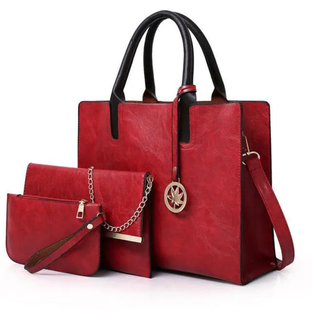 3PCS Set Simple PU Leather Solid Color Handbag