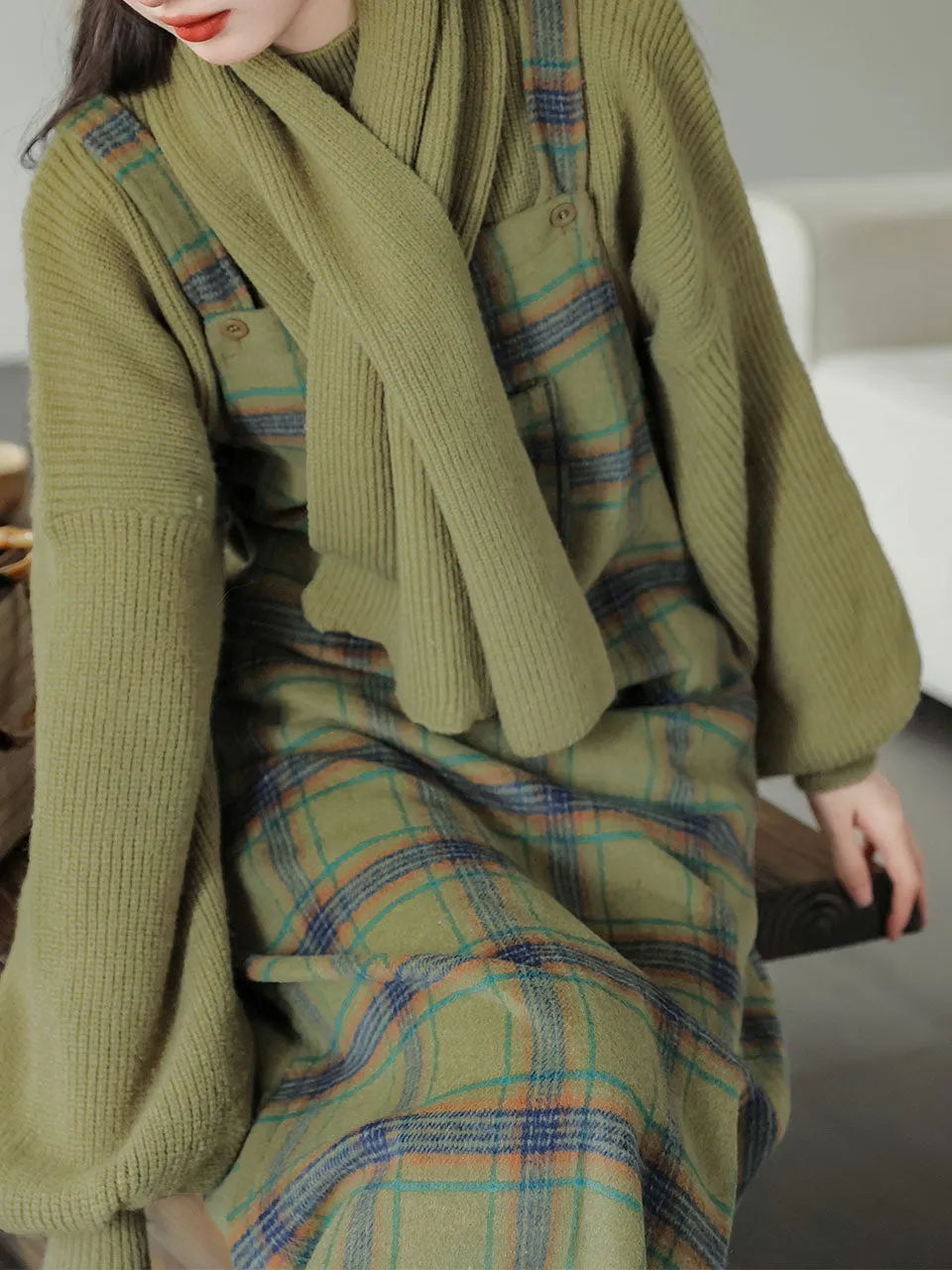 3PS Green Sweater With Plaid Suspender Corduroy Dress