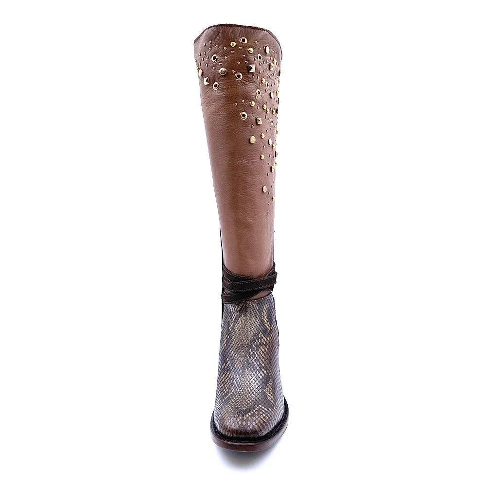 3W03PH - Cuadra brown western cowgirl python skin knee high boots for women