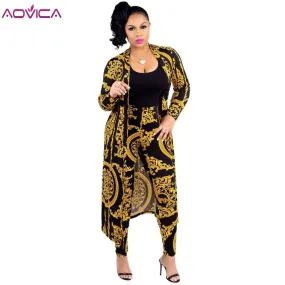 3XL Plus Size 2 Pieces Set Sexy Autumn Fashion Women Set Female Tops Floral Print Long Sleeve Cardigan Bodycon Stripe Pants