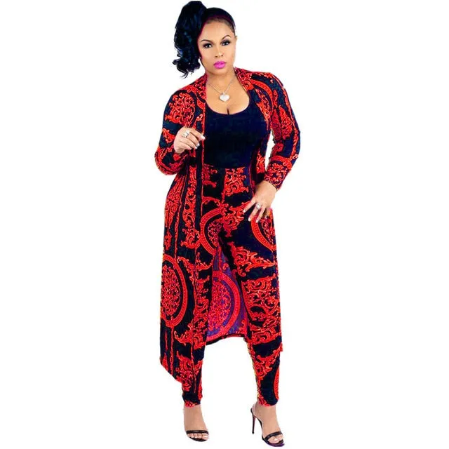 3XL Plus Size 2 Pieces Set Sexy Autumn Fashion Women Set Female Tops Floral Print Long Sleeve Cardigan Bodycon Stripe Pants