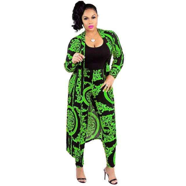 3XL Plus Size 2 Pieces Set Sexy Autumn Fashion Women Set Female Tops Floral Print Long Sleeve Cardigan Bodycon Stripe Pants