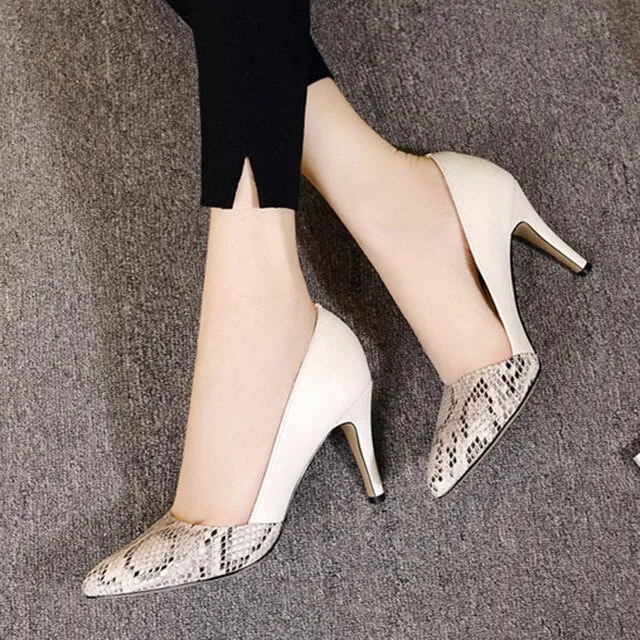 5cm 8cm High Heels Dress Shoes Snake Pattern Pump Women Boat Shoes Serpentine Pointed Toe