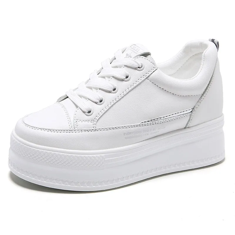 7cm Microfiber Leather Women Casual Shoes White Platform Wedge Hidden Heel Shoes White Shoes Chunky Sneakers Skateboard