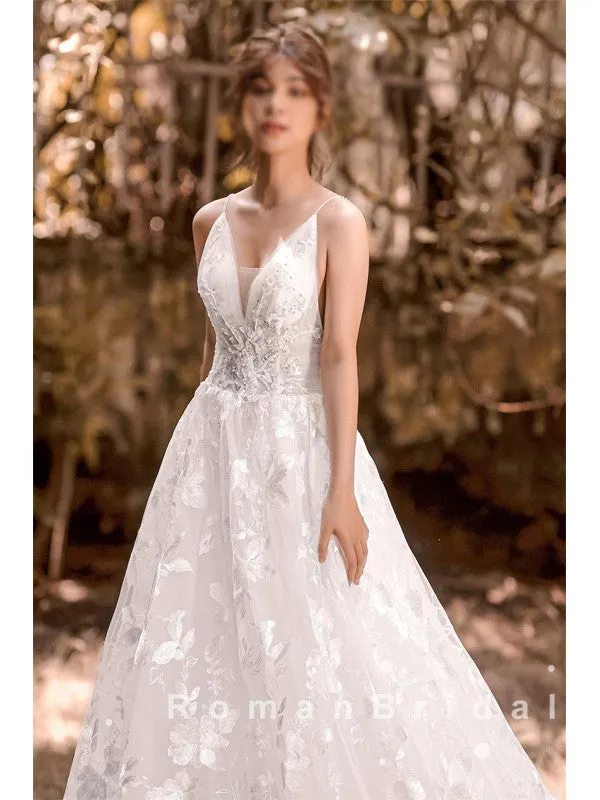 A-Line V-Neck Spaghetti Straps Lace Long Wedding Dresses Online,RBWD0008