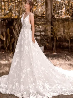 A-Line V-Neck Spaghetti Straps Lace Long Wedding Dresses Online,RBWD0008