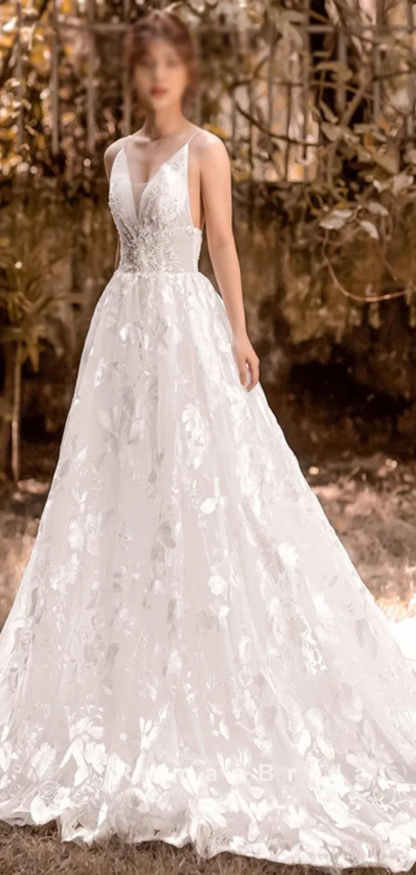 A-Line V-Neck Spaghetti Straps Lace Long Wedding Dresses Online,RBWD0008