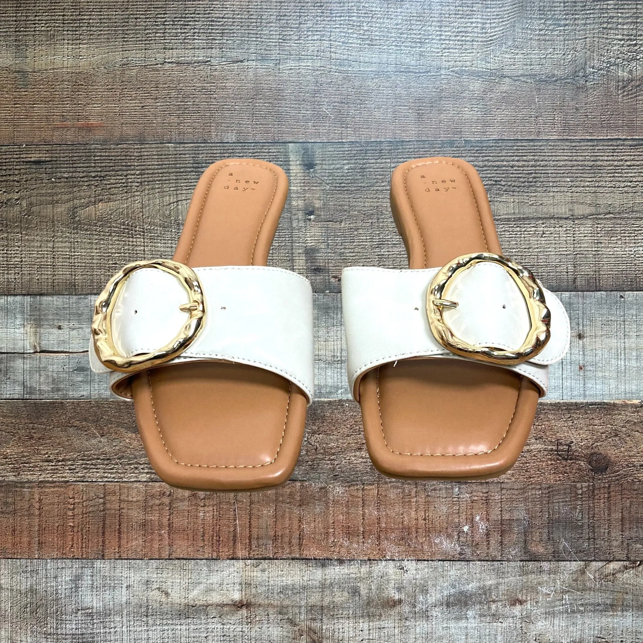 A New Day Cream Strap with Gold Buckle Flat Sandals- Size 8 (Like New Condition)