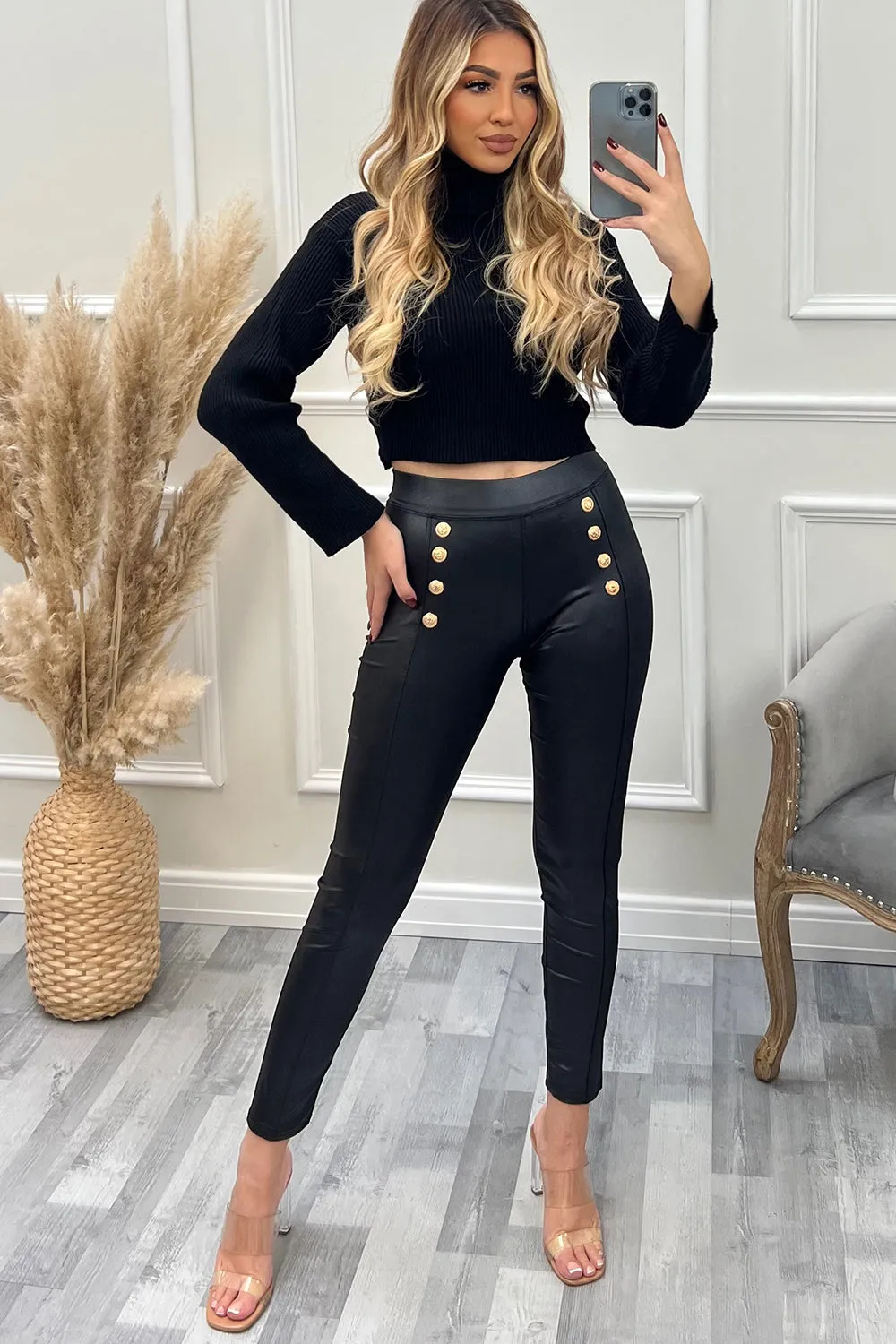 Ainsley Black Shiny Button Detail Stretch Leggings