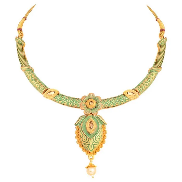 Alloy Choker Necklace Set with Earrings and Maang Tikka in Green