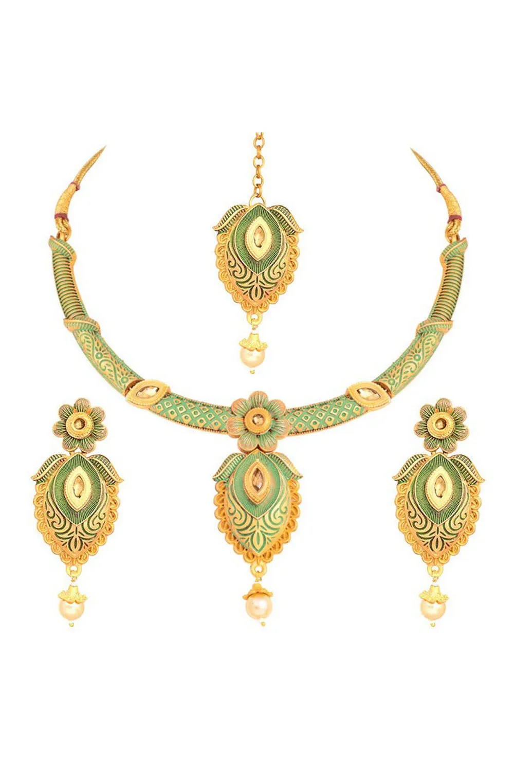 Alloy Choker Necklace Set with Earrings and Maang Tikka in Green