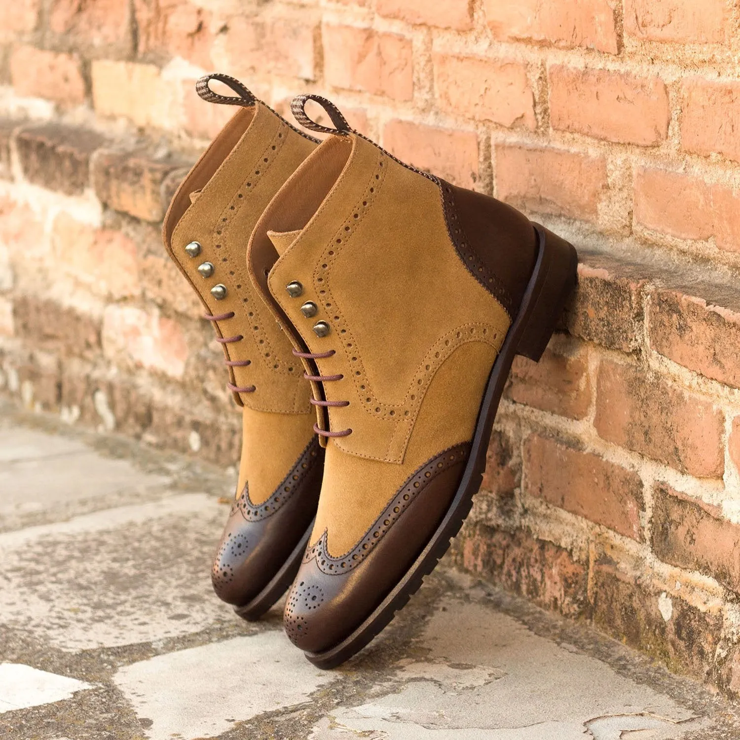 Ambrogio Bespoke Custom Women's Shoes Camel & Brown Fabric / Suede / Calf-Skin Leather Military Boots (AMBW1092)