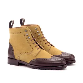 Ambrogio Bespoke Custom Women's Shoes Camel & Brown Fabric / Suede / Calf-Skin Leather Military Boots (AMBW1092)