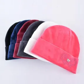 Autumn Winter Velvet and Butterfly Rhinestone Beanies Cap for Women