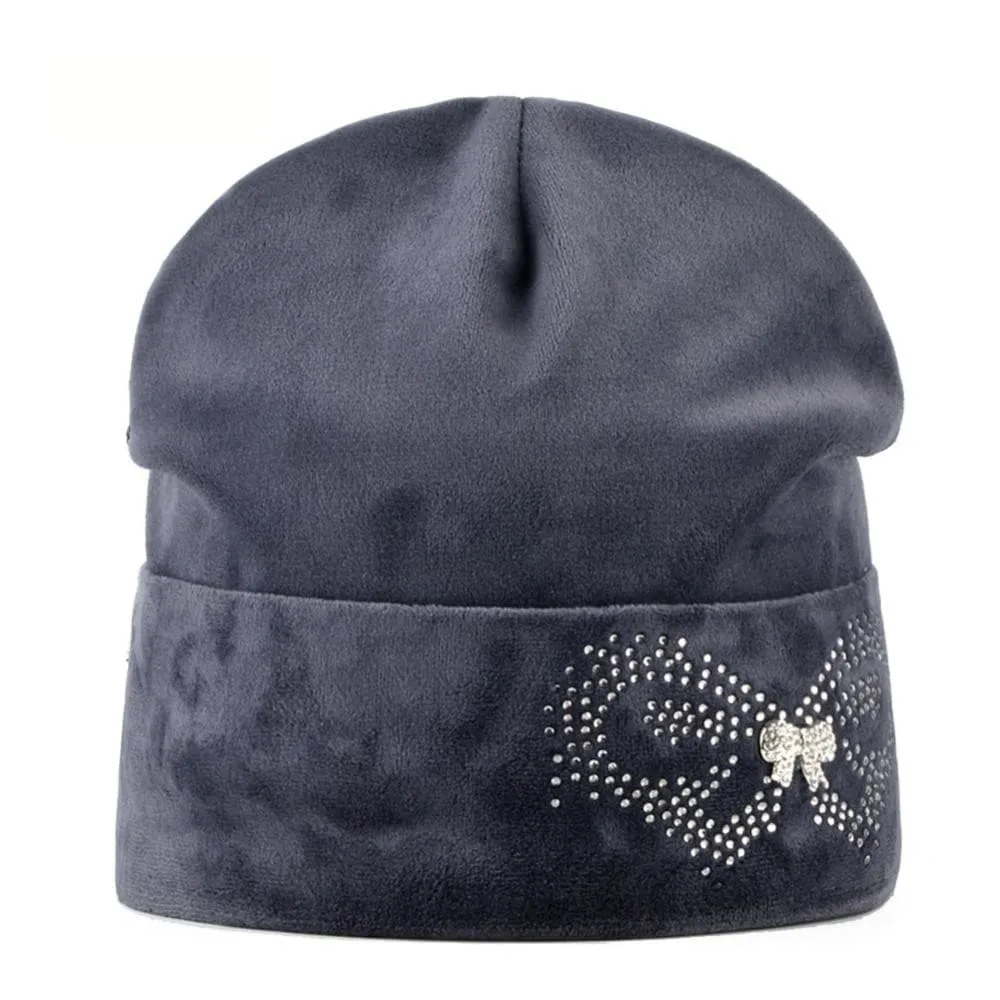 Autumn Winter Velvet and Butterfly Rhinestone Beanies Cap for Women