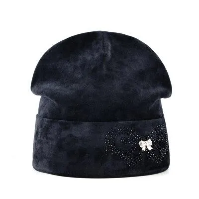 Autumn Winter Velvet and Butterfly Rhinestone Beanies Cap for Women