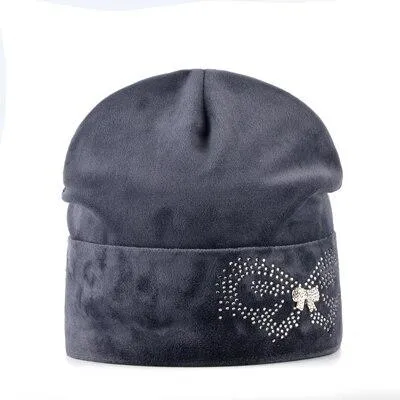 Autumn Winter Velvet and Butterfly Rhinestone Beanies Cap for Women