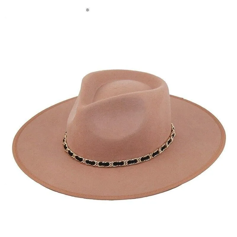 Autumn Winter Women's Metal Chain Wide Wedding Party Church Fedoras Hat