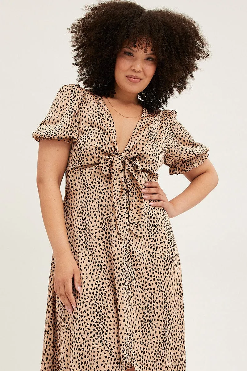 Beige Animal Print Midi Dress Short Sleeve Tie Front Satin