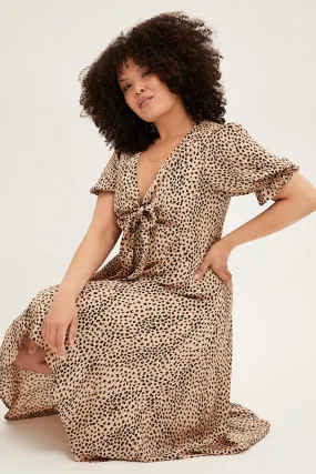 Beige Animal Print Midi Dress Short Sleeve Tie Front Satin