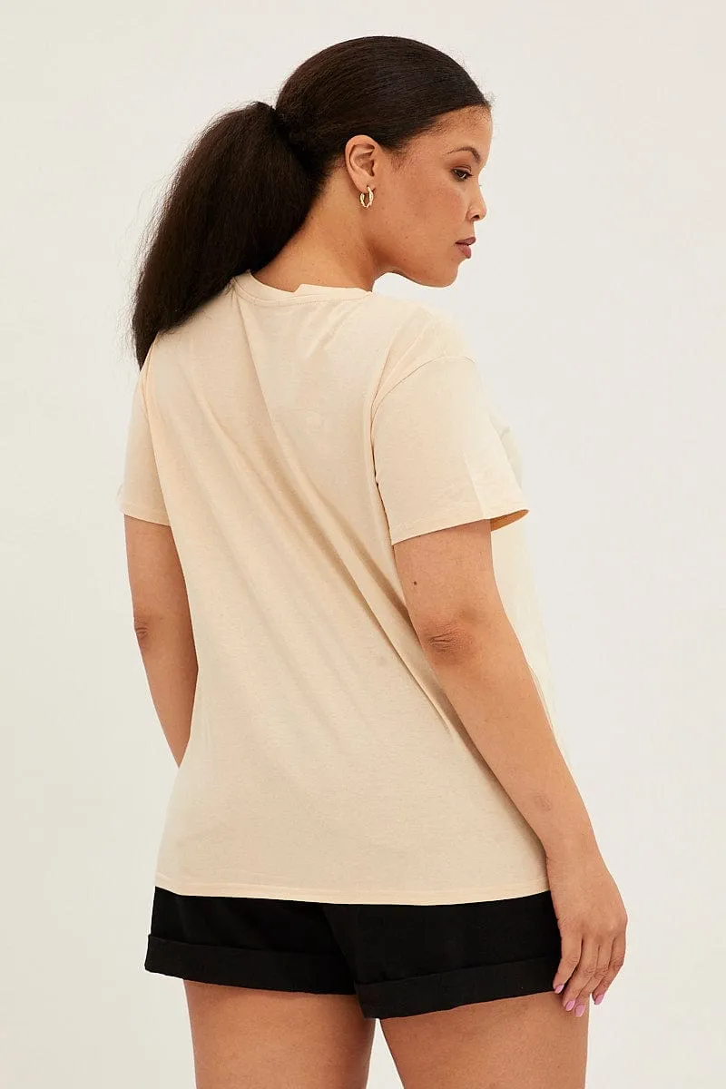 Beige Short Sleeve Holiday Regular T Shirt