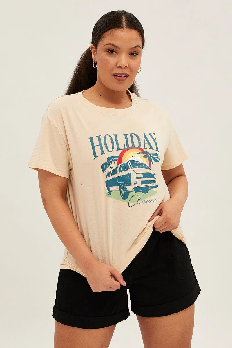 Beige Short Sleeve Holiday Regular T Shirt