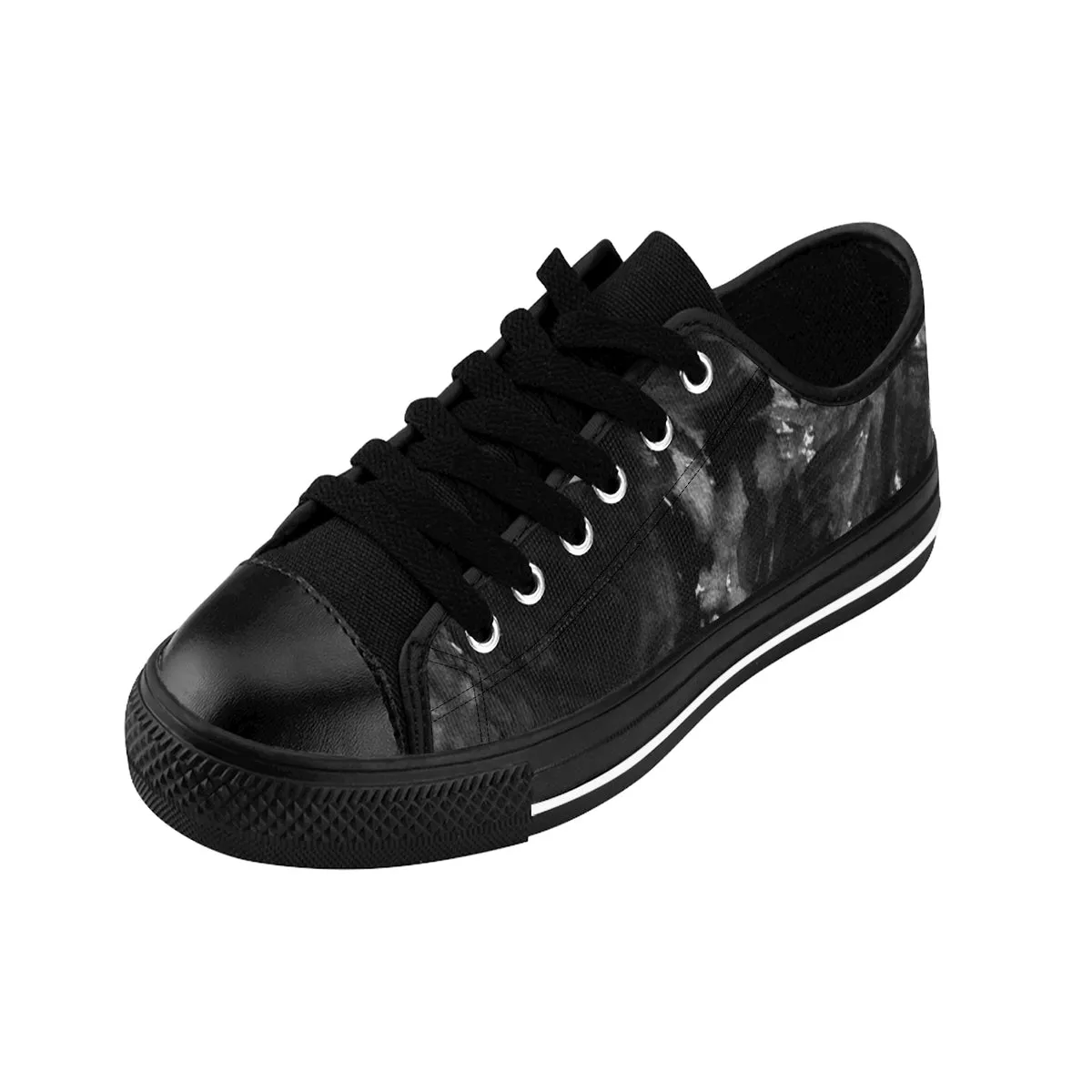 Black Abstract Women's Sneakers, Rose Floral Low Top Fashion Tennis Shoes For Women