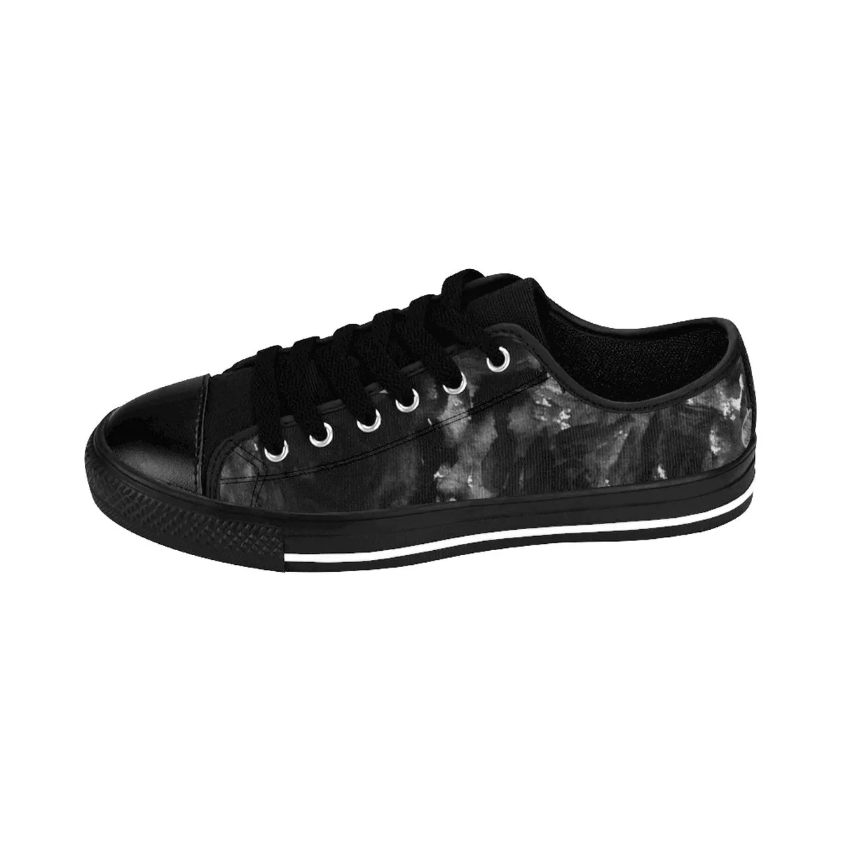 Black Abstract Women's Sneakers, Rose Floral Low Top Fashion Tennis Shoes For Women