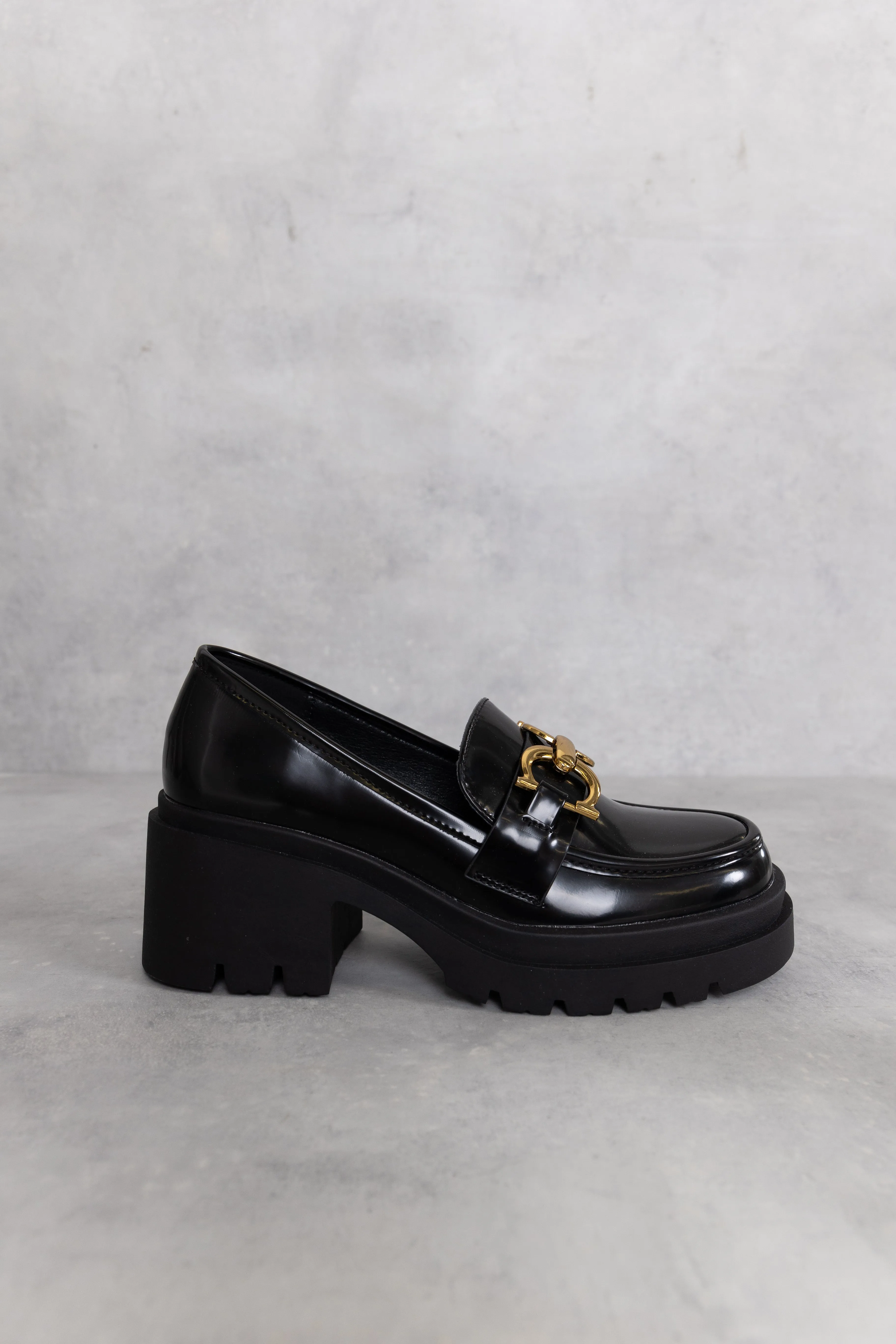 Black Chunky Buckle Mid Heeled Loafers