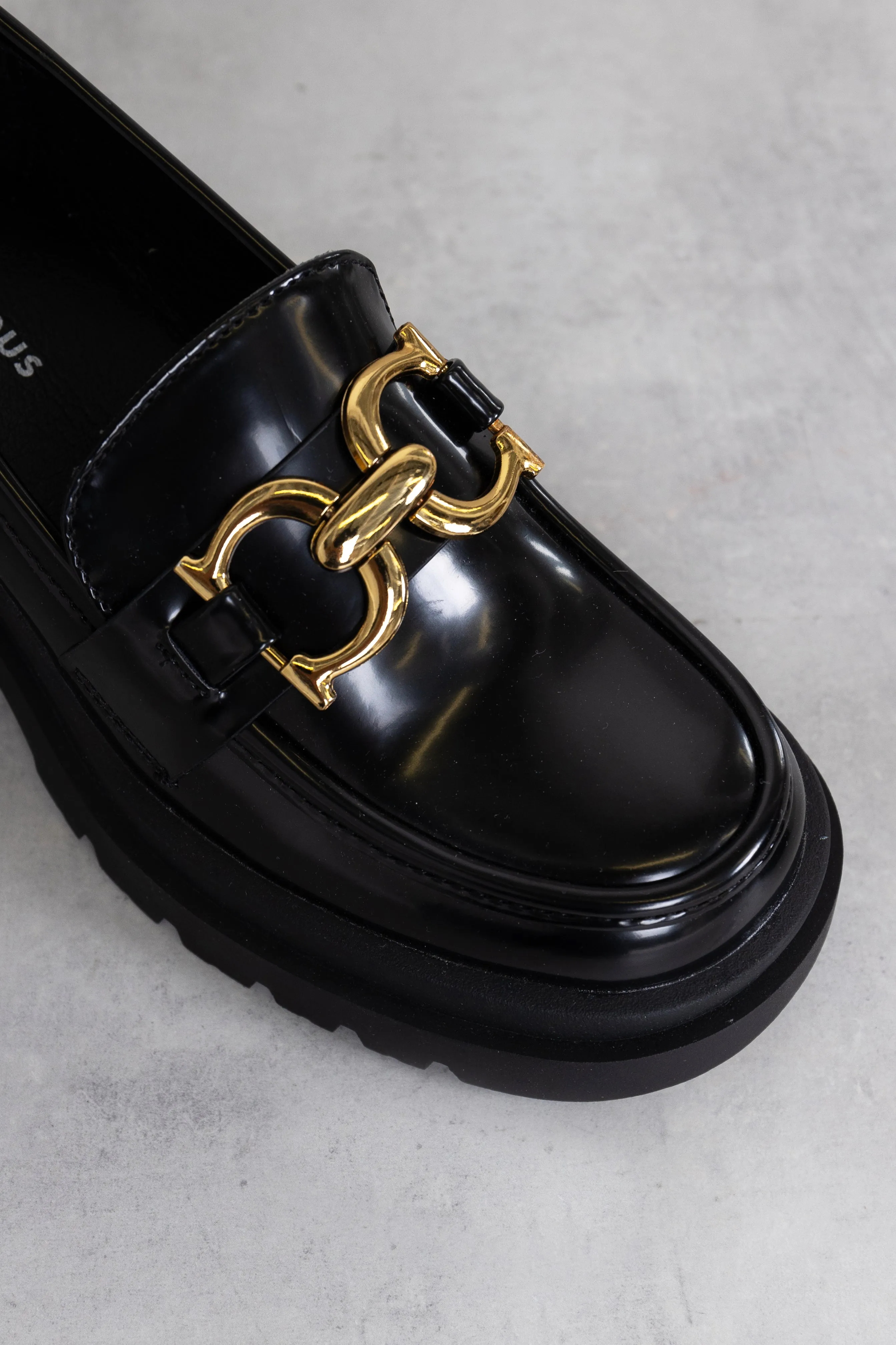 Black Chunky Buckle Mid Heeled Loafers