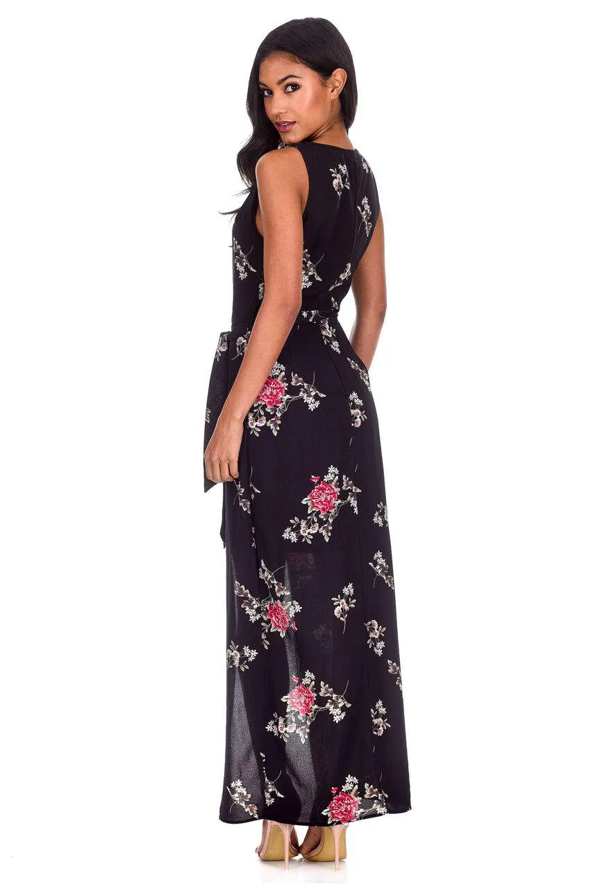 Black Floral V-Neck Wrap Skirt Dress