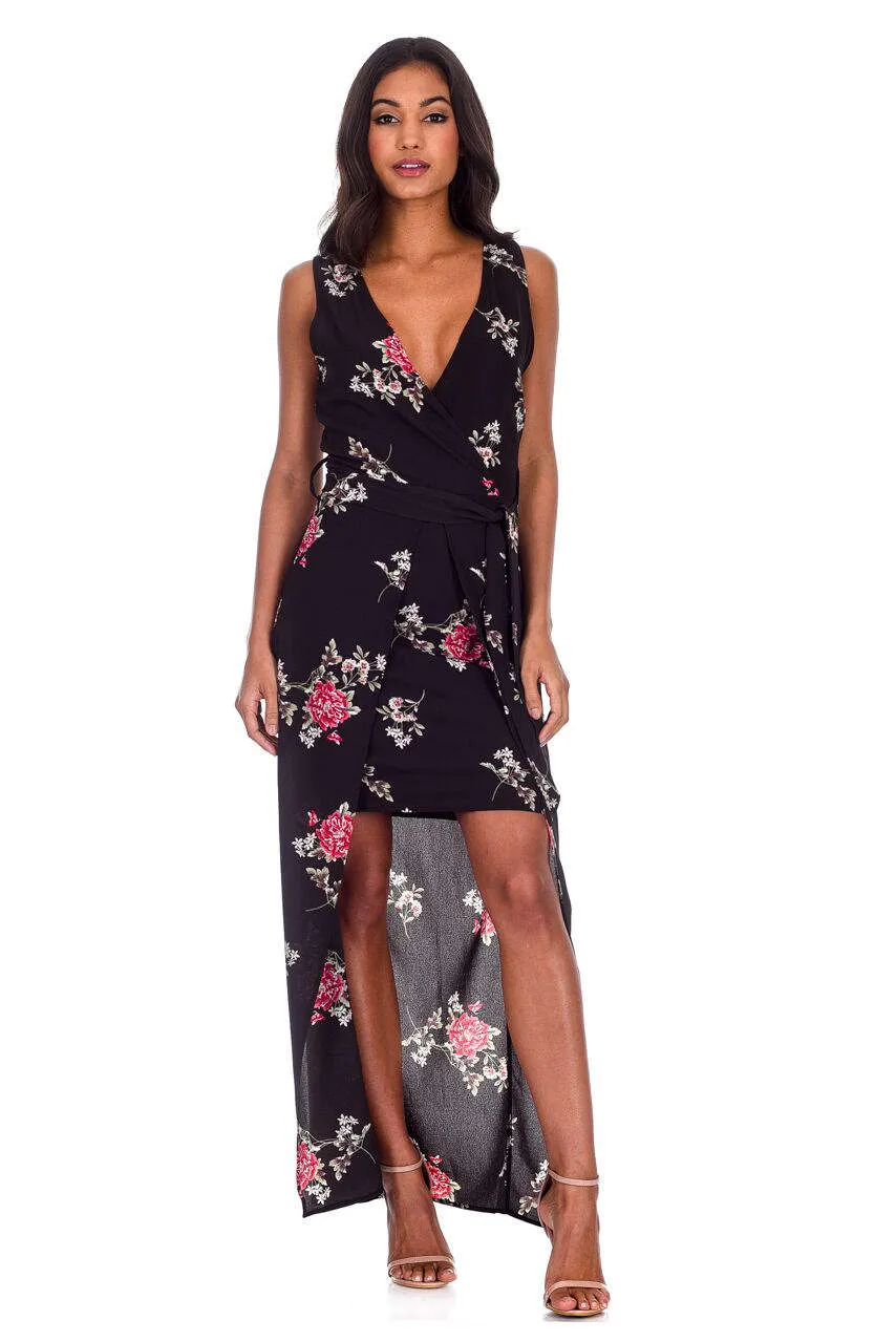 Black Floral V-Neck Wrap Skirt Dress