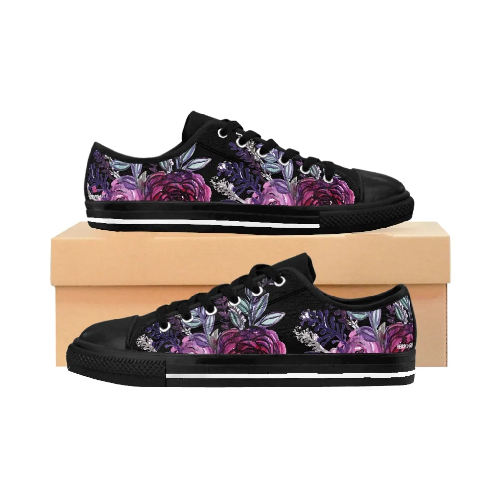 Black Purple Rose Women's Sneakers, Flower Print Best Tennis Casual Shoes For Women (US Size: 6-12)