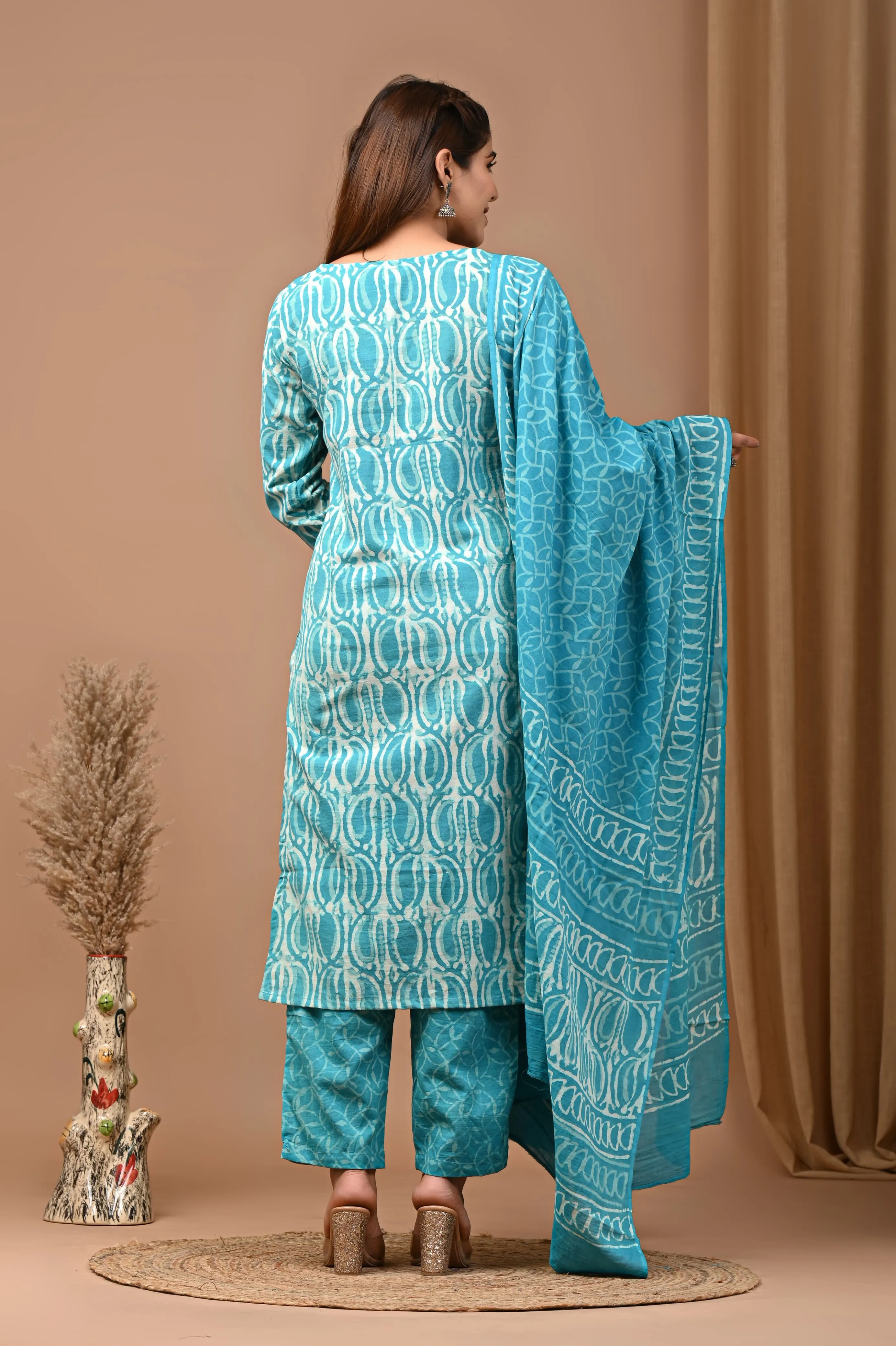 Blue Block Print Suit Set With Dupatta