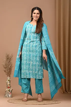 Blue Block Print Suit Set With Dupatta