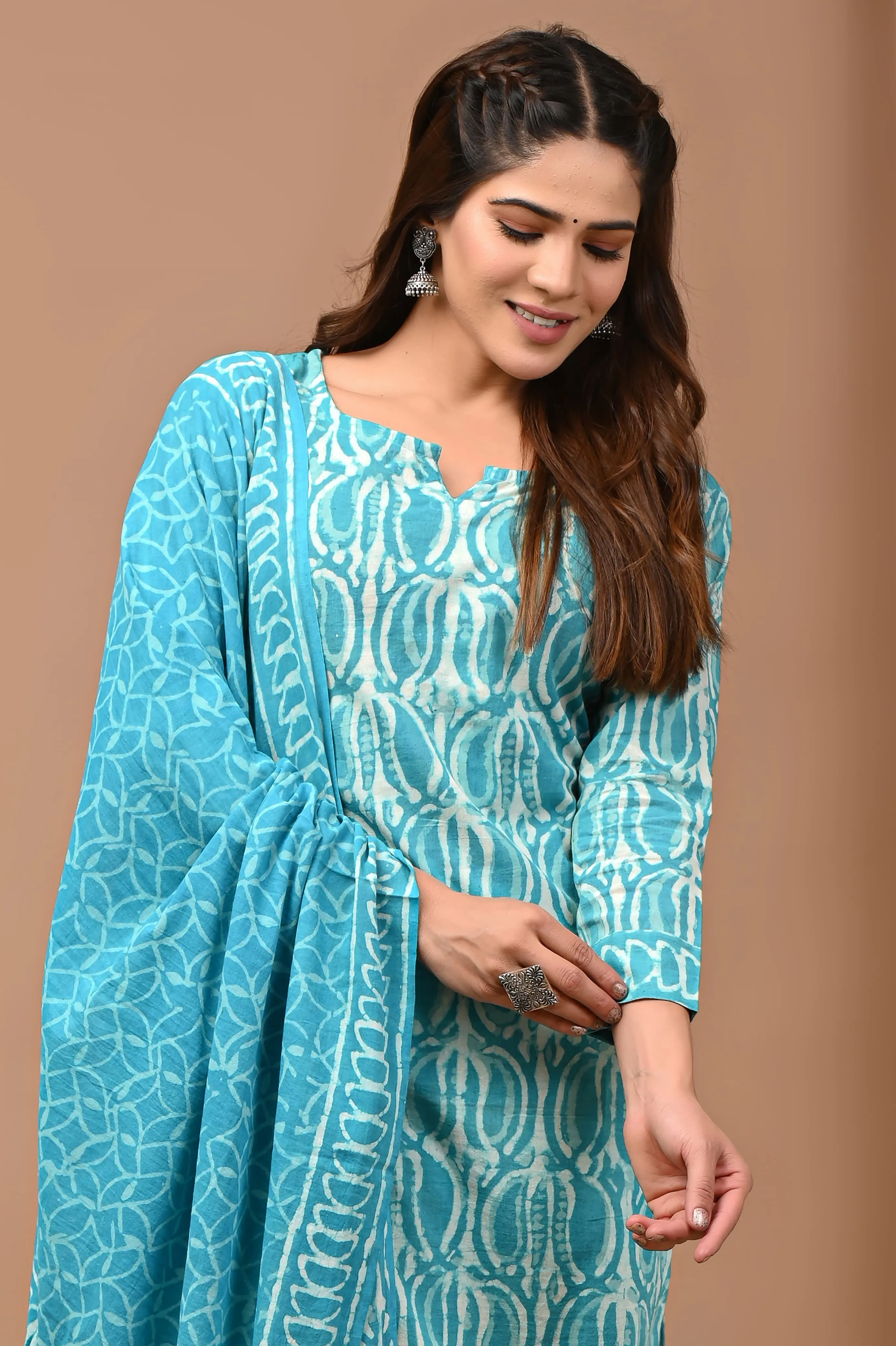 Blue Block Print Suit Set With Dupatta