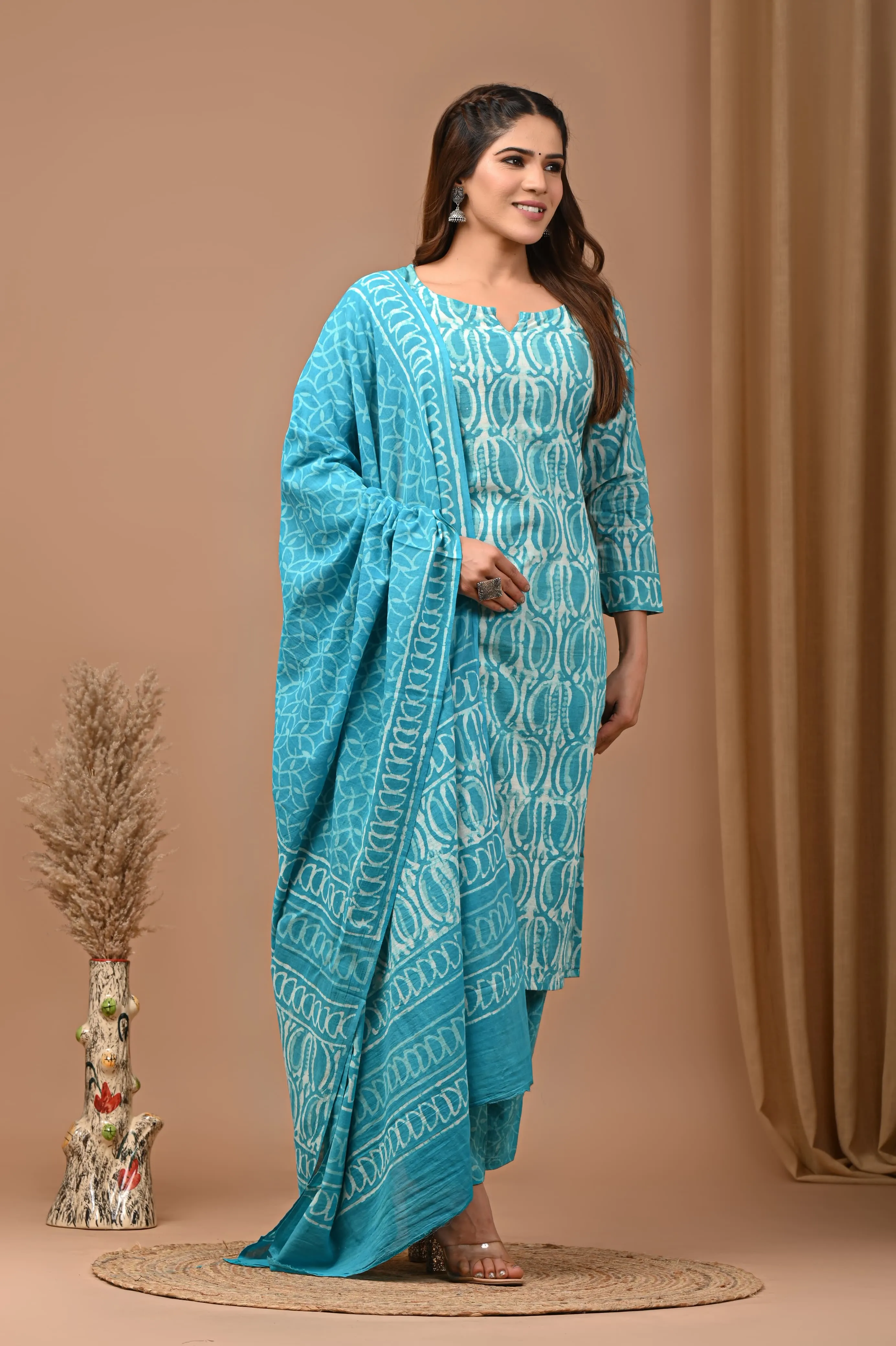 Blue Block Print Suit Set With Dupatta