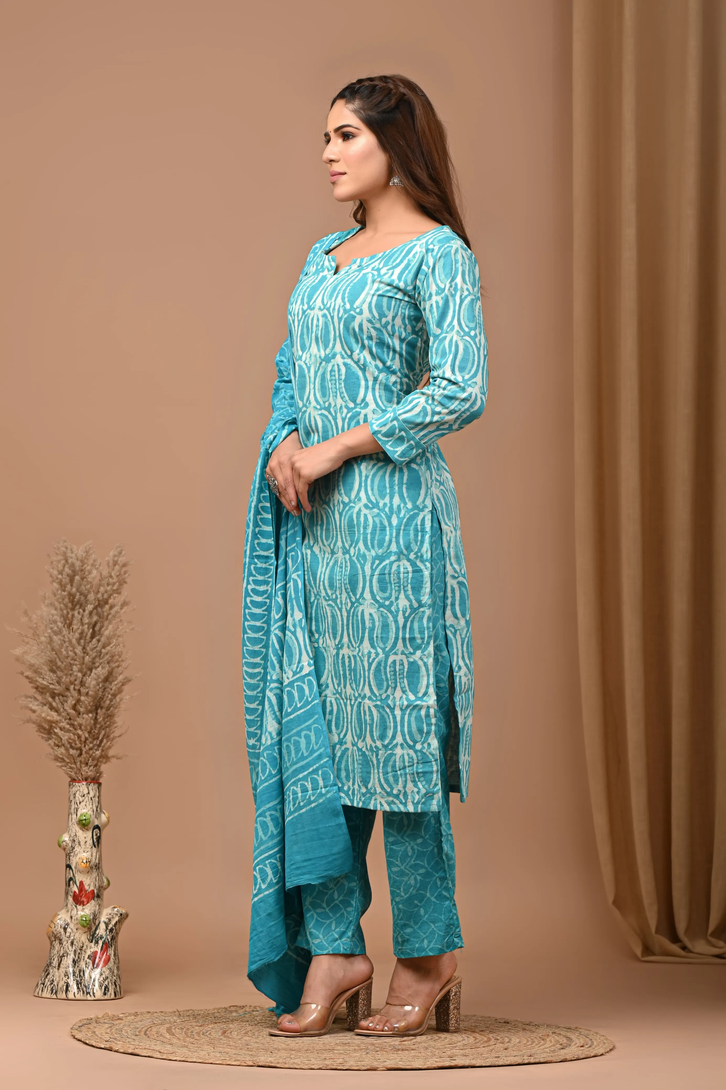 Blue Block Print Suit Set With Dupatta