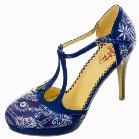 Blue Floral Retro Print T-Strap High Heels