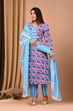 Blue Pink Block Print Suit Set With Dupatta