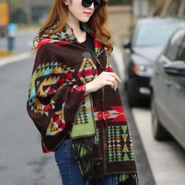 BOHO Ethnic Fashion Large Shawl Bright Color Female Warm Hooded horns Button cloak  imitation cashmere shawls Winter Scarves