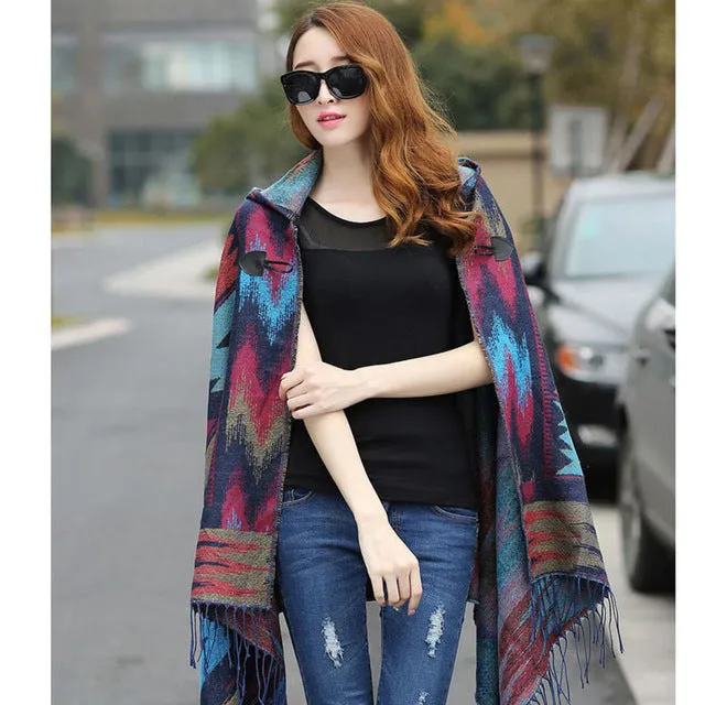 BOHO Ethnic Fashion Large Shawl Bright Color Female Warm Hooded horns Button cloak  imitation cashmere shawls Winter Scarves